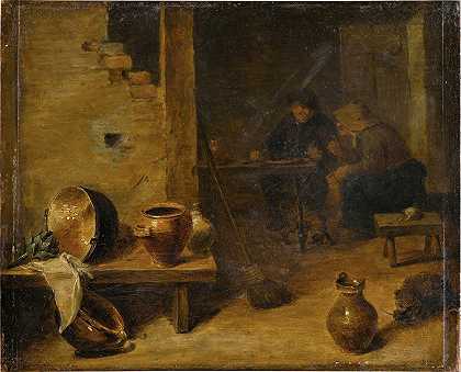 酒馆屋内以农民为背景`Tavern interior with peasants eating in the background by Circle of David Teniers the Younger