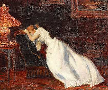 沙发上的女孩`Interiør med pige på en sofa (1899) by Carl Carlsen