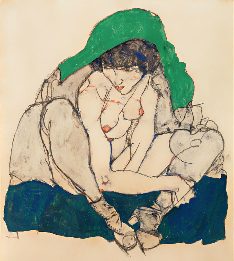 戴着绿色头巾的蹲着的女人`Crouching Woman with Green Headscarf
