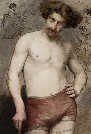 男性半裸-研究`Male semi~nude – study (1885) by Anna Bilińska-Bohdanowiczowa