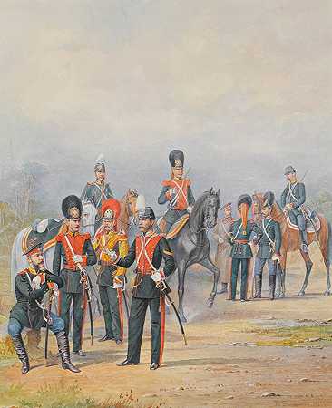 一群龙骑兵团的官兵`A Group Of Officers And Men Of The Life Guards Dragoon Regiment (1873) by Piotr Ivanovich Balashov