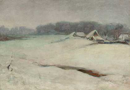 带别墅的冬季景观`Winter landscape with cottages (1907) by Władysław Ślewiński