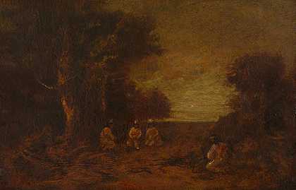 月光下的印第安人景观`Moonlit Landscape with Indians (1880) by Ralph Albert Blakelock
