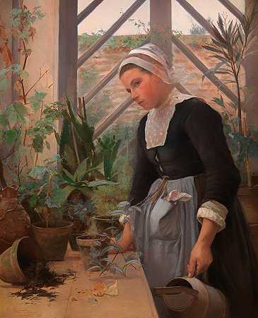 在温室里照看植物的布莱顿女孩`Breton Girl Looking After Plants in the Hothouse