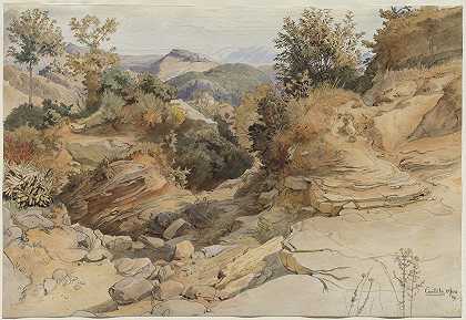 萨宾山和罗卡·桑托·斯特凡诺，从Civitella看`The Sabine Hills and Rocca Santo Stefano, Seen from Civitella (1869) by Victor Paul Mohn