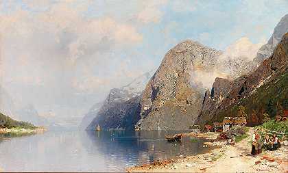 峡湾风景`A fjord landscape by Georg Anton Rasmussen