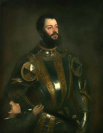 身穿盔甲的阿方索·达瓦洛斯的肖像画`Portrait of Alfonso d\’ Avalos in Armor with Page