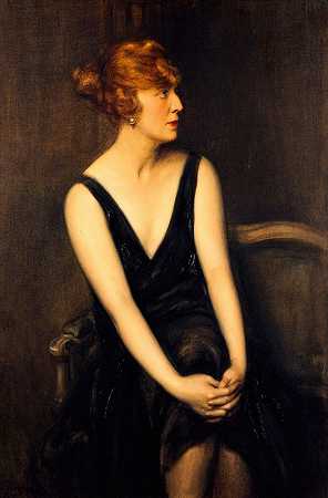 伊夫·布瑟夫人的肖像（née Christiane Alexander）。`Portrait de Madame Yves Busser (née Christiane Alexandre). (1925) by Jules Cayron