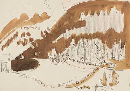 达沃斯附近的景观（冬季的山地景观、树木繁茂的山地景观）`Landschaft bei Davos (Berglandschaft im Winter, Bewaldete Berglandschaft) (Ca. 1937.) by Ernst Ludwig Kirchner