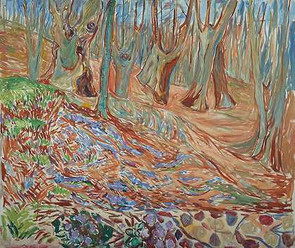 春天的榆林`Elm Forest in Spring (ca. 1923) by Edvard Munch