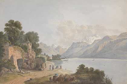 有湖、门和人物的山地景观`Mountainous Landscape with Lake, Gate and Figures (ca. 1818) by Isaac Weld