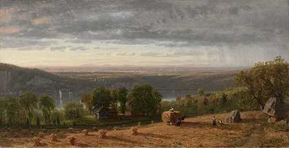 海文风景`Landscape with Haywain (1861) by Worthington Whittredge