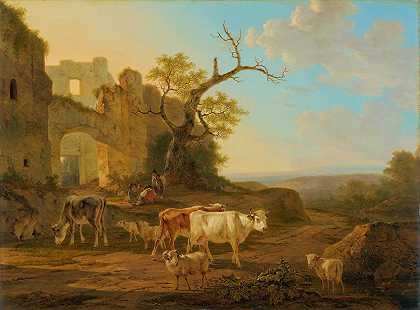 废墟附近有奶牛的风景`Landscape with Cows near a Ruin (1800 ~ 1815) by Jacob van Strij