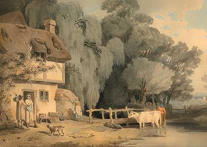 村舍门口的人影和溪流中的牛`Figures By A Cottage Door And Cattle In A Stream
