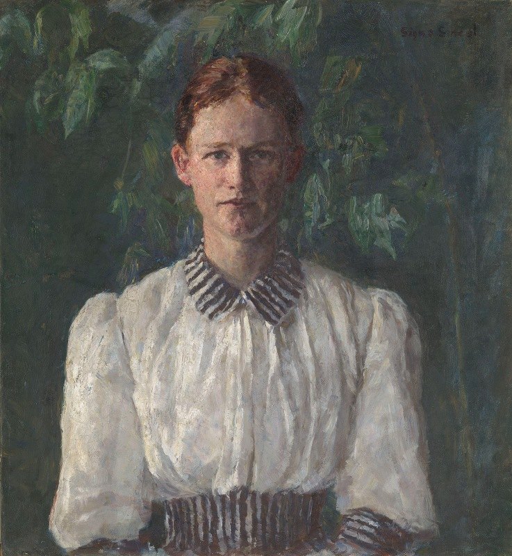 画家赫尔加环肖像`Portrait of the Painter Helga Ring (1890) by Signe Scheel