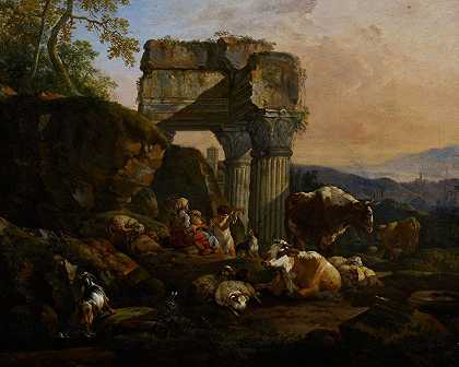 有牛和牧羊人的罗马景观`Roman Landscape with Cattle and Shepherds (1676) by Johann Heinrich Roos