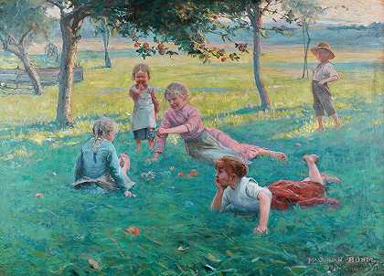 躺在草地上的孩子们`Children Laying in the Grass (1890) by Max Bohm