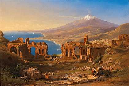 西西里岛陶尔米纳古剧院遗址景观`View of the Ruins of the Ancient Theatre of Taormina, Sicily (1847) by Karl Christian Sparmann