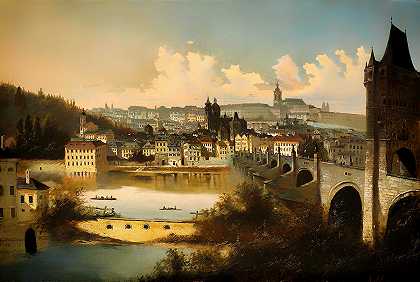 布拉格的查尔斯桥横跨维塔瓦河`View Of Prague With The Charles Bridge Crossing The Vitava River