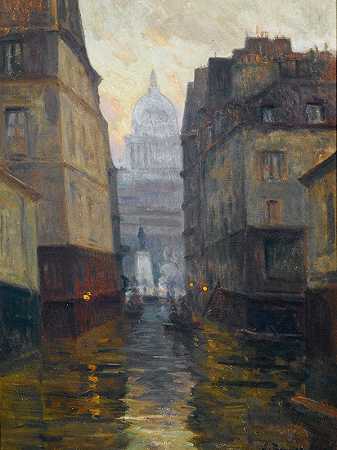 通往莫伯特广场的上铺街道（1910年洪水）`La rue du Haut~Pavé vers la place Maubert (inondations de 1910) (1910) by Germain Eugène Bonneton
