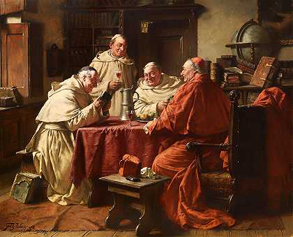 红衣主教和僧侣在修道院图书馆`Cardinal With Monks In A Monastery Library