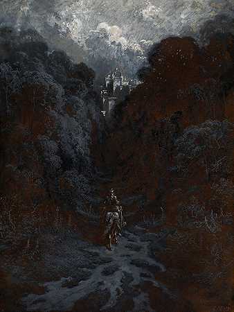 兰斯洛特爵士正在接近阿斯托拉特城堡`Sir Lancelot Approaching the Castle of Astolat by Gustave Doré