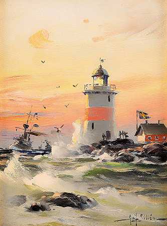 带灯塔的海岸景观`Coastal Landscape With Lighthouse
