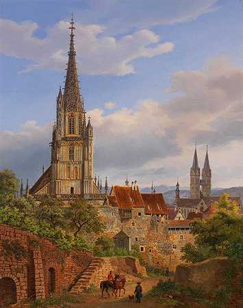 内卡埃斯林根景观`Blick auf Esslingen am Neckar (1841) by Heinrich Adam