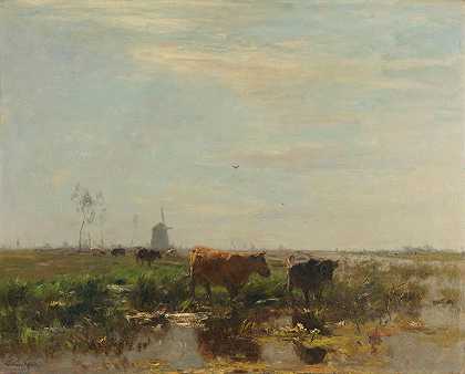 有奶牛的草地`Meadow with Cows by the Water (1895 ~ 1904) by the Water by Willem Maris