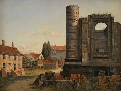 马尔莫普莱德森的景观，以及未完工的弗雷德里克和的废墟哥本哈根圣母教堂`View of Marmorpladsen withe Ruins of the Uncompleted Frederiks Church in Copenhagen (1838) by Thorald Læssøe