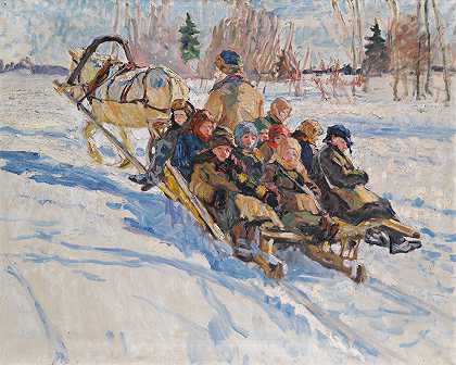 坐雪橇的孩子们`Children riding in a sleigh by Nikolai Bogdanov-Belsky