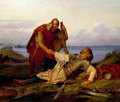 哈马尔与奥瓦尔·奥德在萨默斯战役后分手`Hjalmar Parting From Orvar Odd After The Fight on Samsö (1866) by Mårten Eskil Winge
