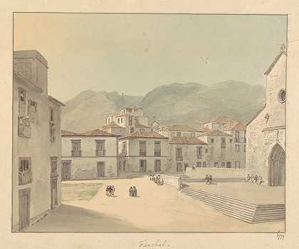 马德拉的Funchal有教堂的广场`Funchal, Madeira; A Square with a Church (1779) by Samuel Davis