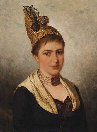 身穿传统服装、头戴金色风帽的年轻女子`Junge Frau in Tracht mit Goldhaube by Josef Büche