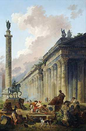 想象中的罗马马库斯·奥雷利乌斯骑马雕像——图拉真柱和一座寺庙`Imaginary View Of Rome With Equestrian Statue Of Marcus Aurelius – The Column Of Trajan And A Temple