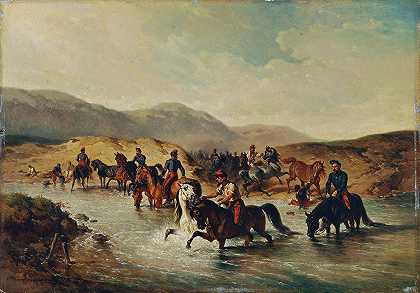 穿马蹄铁的法国骑兵`Französische Kavallerie in der Pferdeschwemme (1867) by Joseph Anton Strassgschwandtner