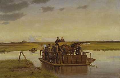横渡古登河的渡船`En færge over Gudenåen (1909 ~ 1917) by Hans Smidth