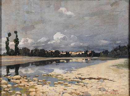 河上的乡村`Paese sul fiume (1885~1889) by Cesare Viazzi