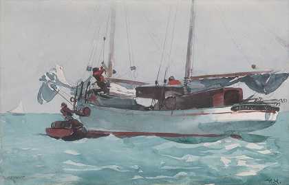 接受湿食（K.W.纽波特号纵帆船）`Taking on Wet Provisions (Schooner Marked Newport, K. W.) (1903) by Winslow Homer