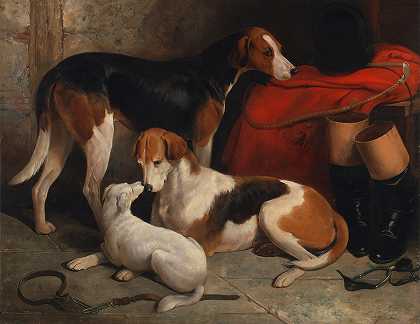一对猎狐犬和一只猎犬——亨利·本丁克勋爵的财产`A Couple Of Foxhounds With A Terrier – The Property Of Lord Henry Bentinck