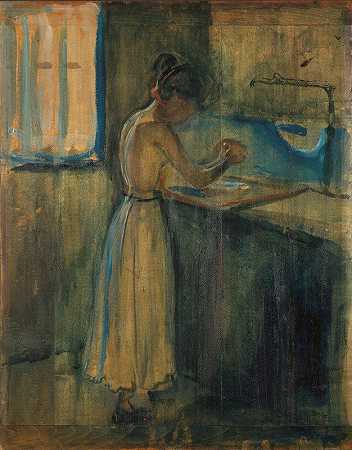 年轻女子在洗衣服`Young Woman Washing herself (1896) by Edvard Munch