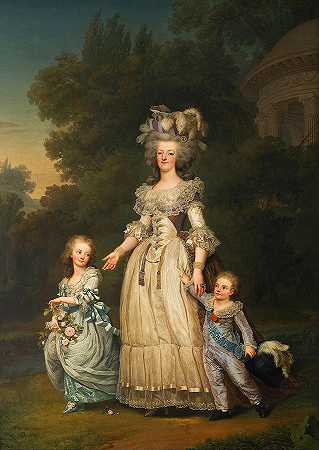 法国王后玛丽·安托瓦内特和她的两个儿子在特里亚农公园散步`Queen Marie Antoinette of France and Two of Her Sons Walking in the Park of Trianon
