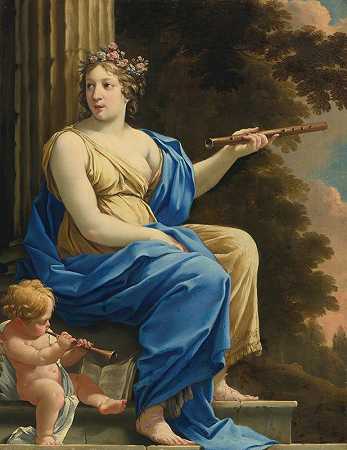 尤特佩，音乐和抒情诗的缪斯`Euterpe, The Muse Of Music And Lyric Poetry by Simon Vouet