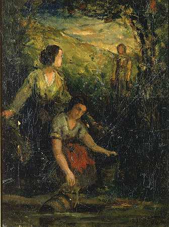 饮水池（三名女子在水边）`The Drinking Pool (three women at water) (1894) by Edward Mitchell Bannister