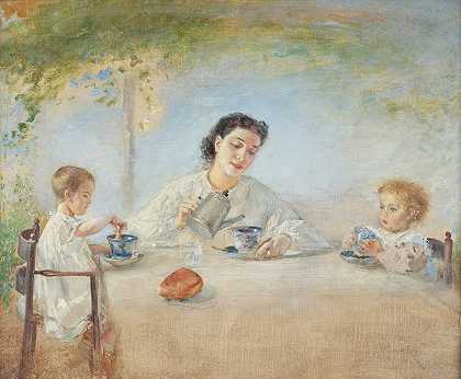 这位艺术家的家人在吃早餐`Die Familie des Künstlers beim Frühstück (1872~1873) by Anton Romako