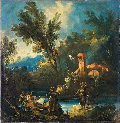 树木繁茂的河流景观`A wooded river landscape with figures by Antonio Francesco Peruzzini