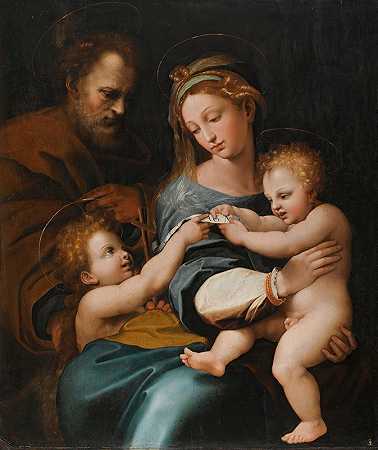 圣洁家庭与婴儿圣约翰浸信会，或麦当娜·德拉·罗莎`Holy Family With The Infant St. John The Baptist, Or ;madonna Della Rosa by Workshop of Raffaello Sanzio