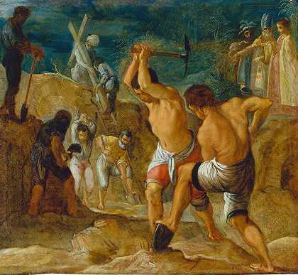 法兰克福祭坛画《真十字架的升华》，挖掘十字架`The Frankfurt Altarpiece of the Exaltation of the True Cross, The Digging for the Cross (1603 – 1605) by Adam Elsheimer