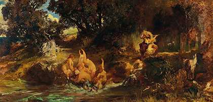 死尼克森和老虎（美人鱼和老虎）`Die Nixen And Der Tiger (The Mermaids And The Tiger) (Ca. 1872~73) by Hans Makart
