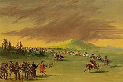 拉萨尔在德克萨斯州的大草原上遇到了塞尼斯印第安人的一个战争政党`LaSalle Meets a War Party of Cenis Indians on a Texas Prairie